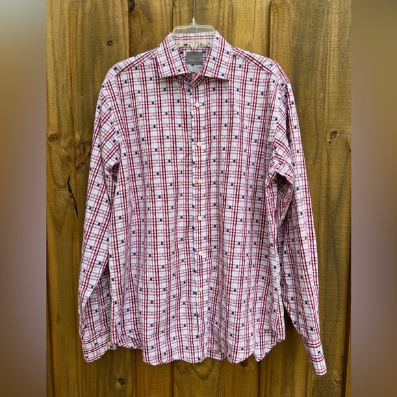 Thomas Dean Red and White Casual Long Sleeve Button Down Shirt Men’s - Picture 1 of 11